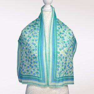Vintage 1960s Glentex Floral Sheer Nylon Scarf Teal Aqua Blue